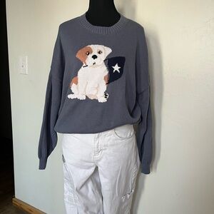 Hollister Gray Blue Dog Print Knit Sweater Crewneck Preppy Soft
